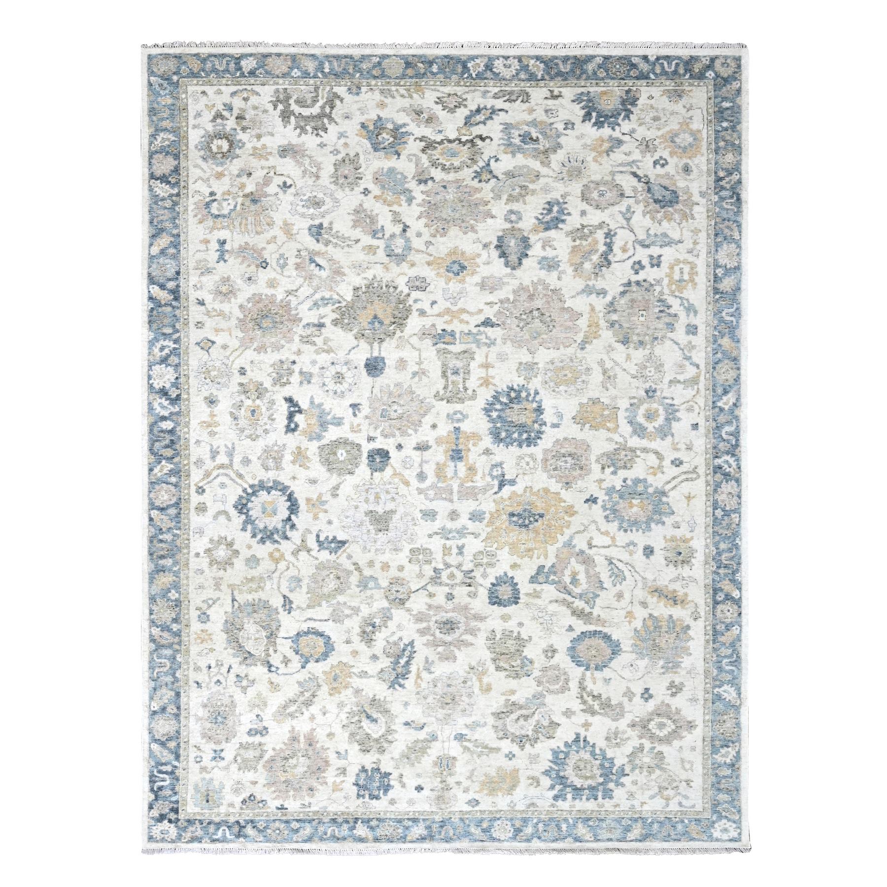 Lace White, Antiqued Persian with Ziegler Mahal Design, Distressed, Oxidized, Zero Pile, Shaved Low, Pure Wool, Hand Knotted, Oriental Rug